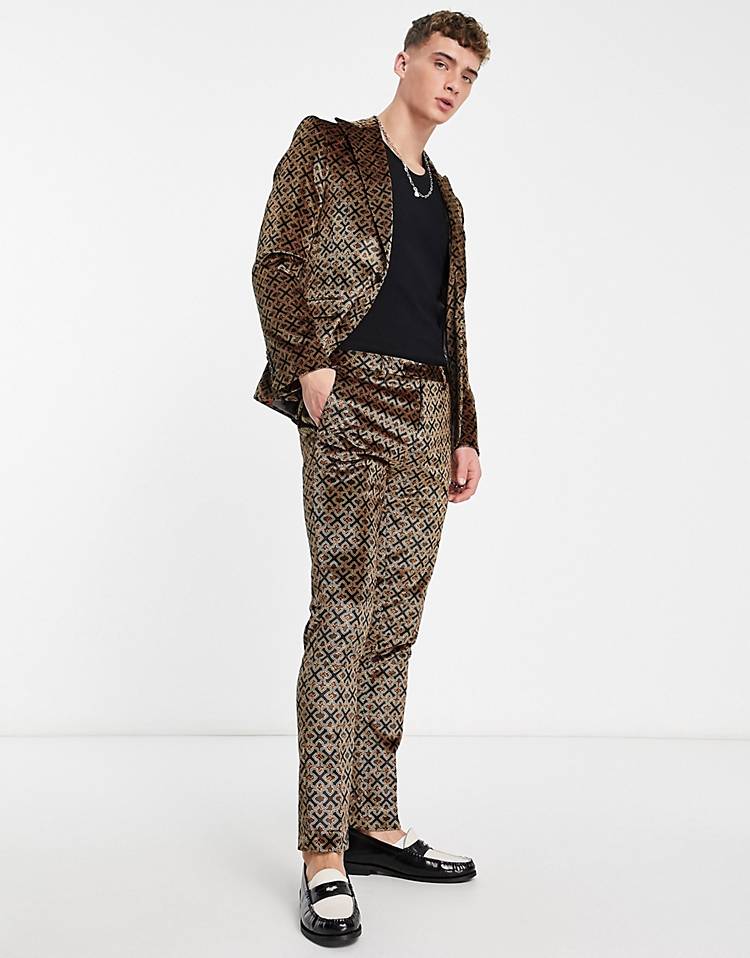 Twisted Tailor varane skinny suit pants in brown geo logo print